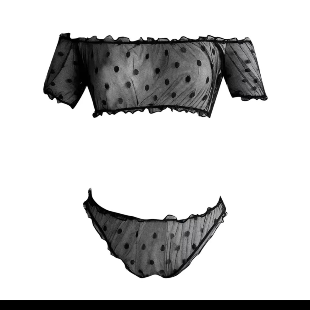 Dot Mesh Two Piece Off Shoulder Lingerie Set Bra Panties Bralette Set NEW!